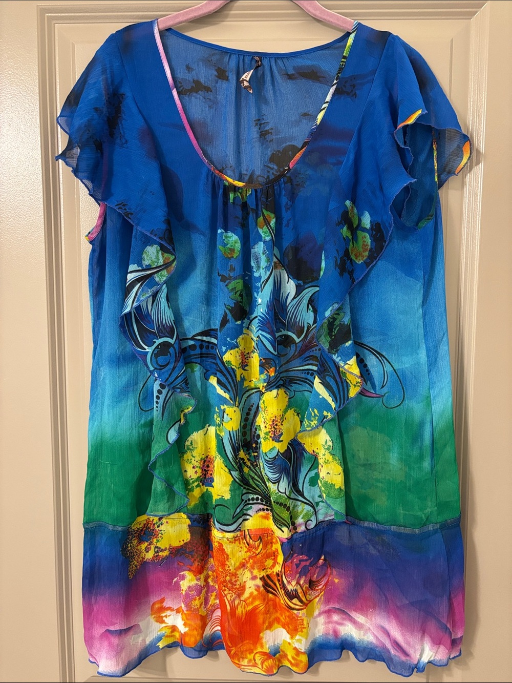 Women's Blue Floral Gradient Flutter-Sleeve Blouse